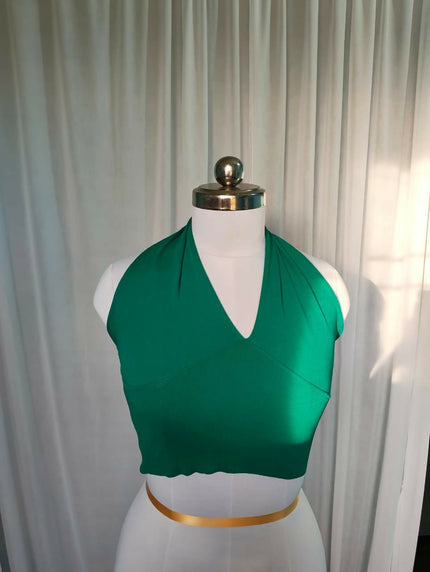 Women's Stretchy Knitted Halter Neck Green Crop Top. - S Size