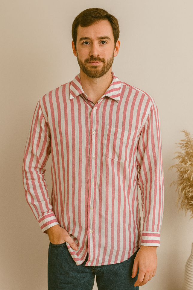 Men's Casual White Pink Line Shirt - XL Size