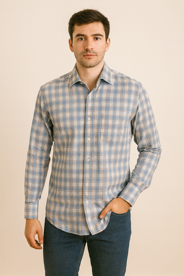 Men's Casual Light Blue and Beige Plaid Shirt - L size