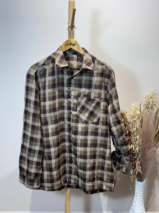 Men's Casual Brown & Olive Green Checkered Shirt - XXXL size