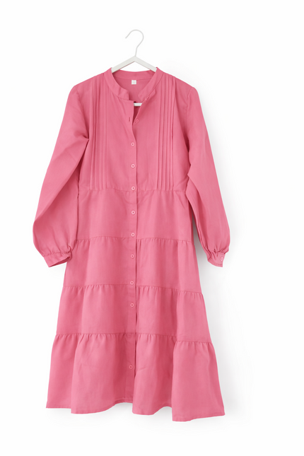 Pink Tiered Button-Down Midi Dress - L Size