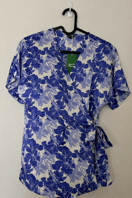 Blue and White Floral Wrap Top