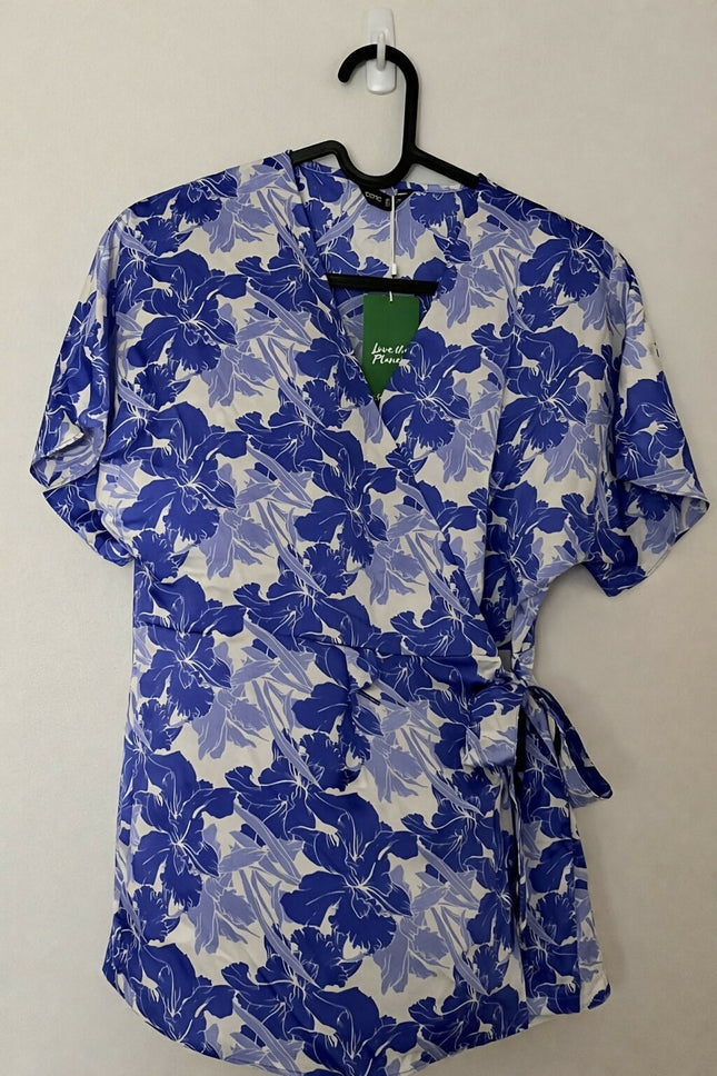 Blue and White Floral Wrap Top