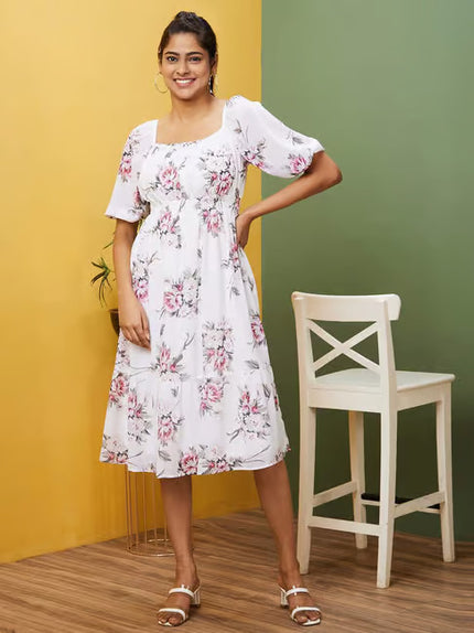 Women’s Floral printed White Dress - L Size