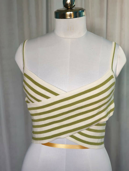Women's white and olive green striped wrap-front crop top - M Size