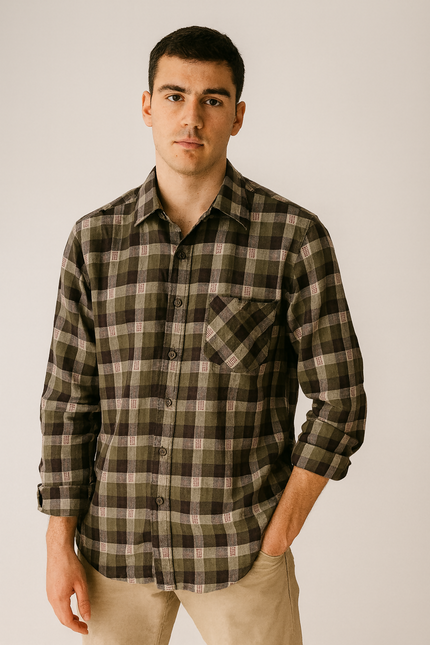 Men's Casual Brown & Olive Green Checkered Shirt - XXXL size