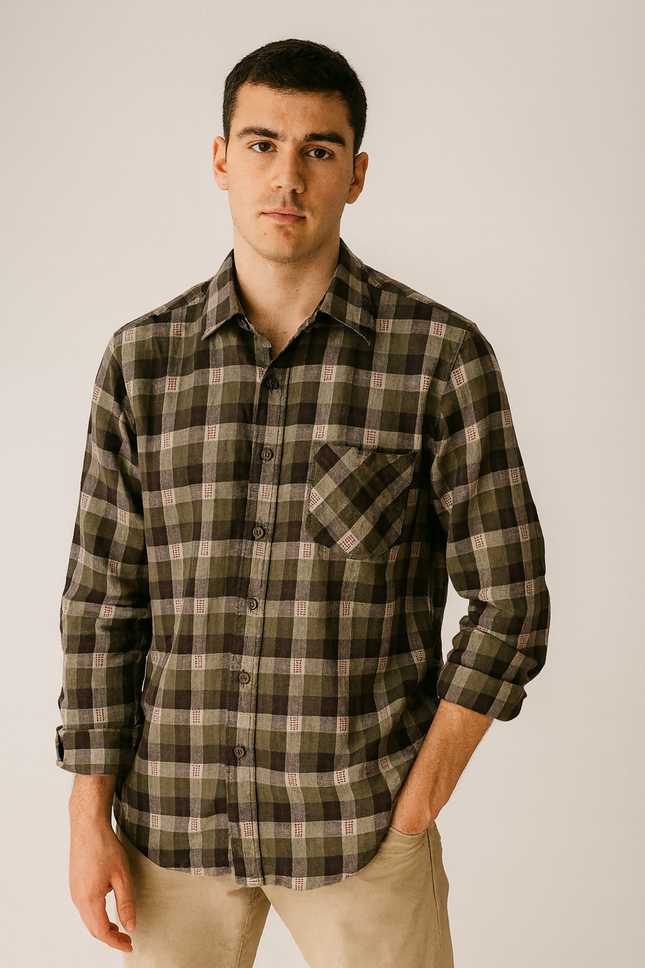 Men's Casual Brown & Olive Green Checkered Shirt - XXXL size