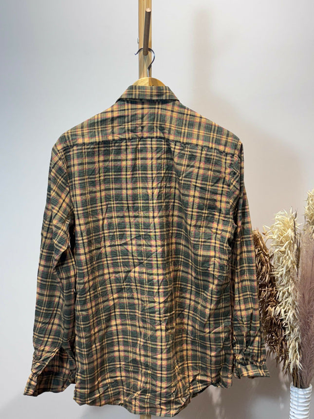 Men's Casual Dark Green and Mustard Yellow Plaid Shirt - XXL size