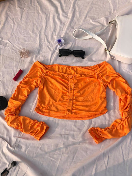 Women's Orange Off-Shoulder Ruched Top - L Size [NEW]