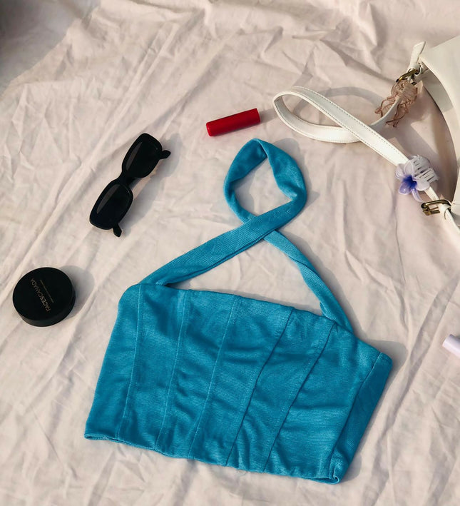 Women's Turquoise Halter Crop Top - S Size [NEW]