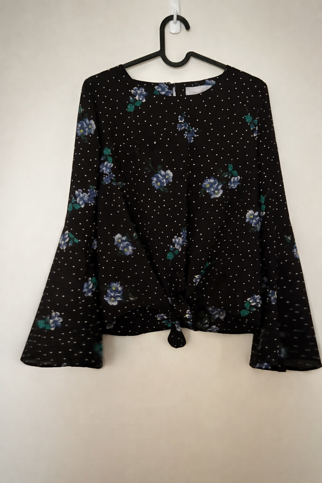Black Floral Bell-Sleeve Top with a Tie-front