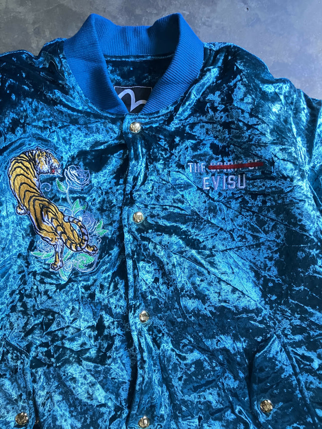 Evisu Tiger Velour Sukajan Blue Embroidery Bomber Jacket Japan Style