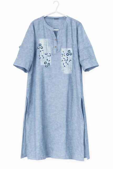 Blue Handcrafted Embroidered Cotton Kurta Dress - XL Size