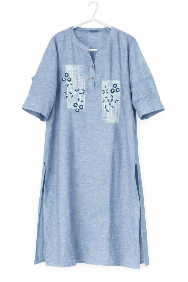 Blue Handcrafted Embroidered Cotton Kurta Dress - XL Size