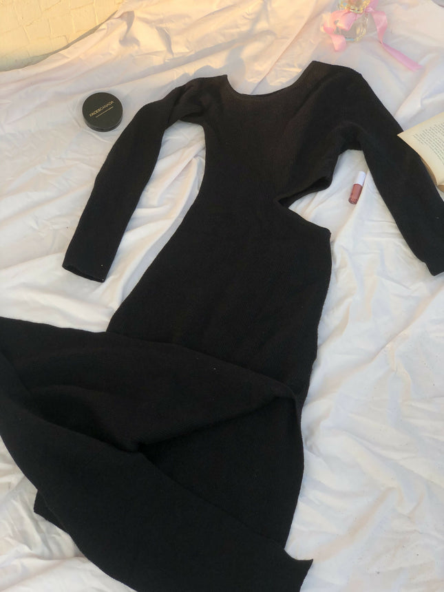 Black ribbed waist cutout bodycon dress