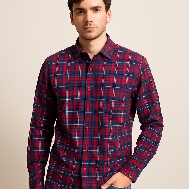 Men's Casual Classic Red and Navy Blue Plaid Shirt - XXXL Size