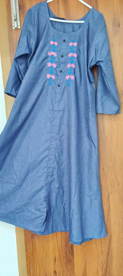 Blue Embroidered Denim-Style Kurta Dress - XL Size