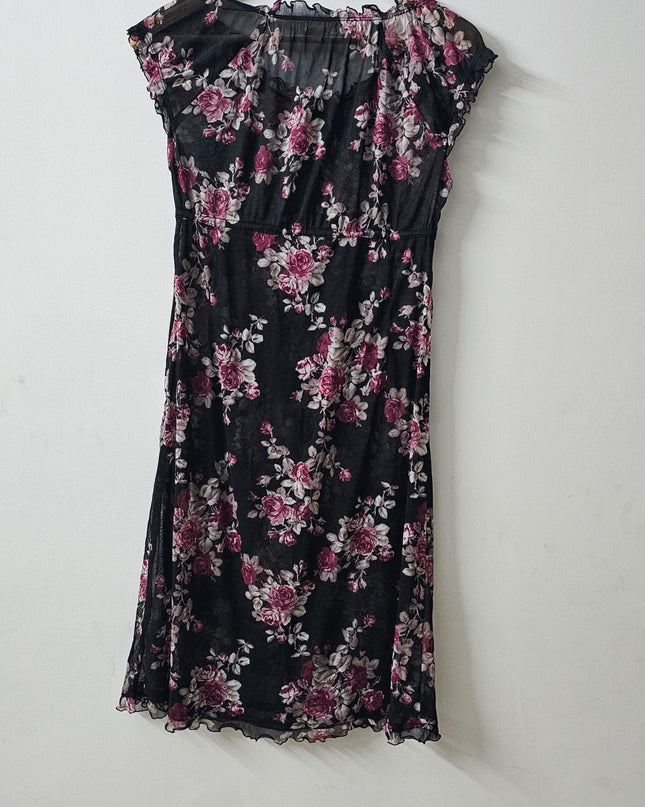 Women's  Floral Netted Black Dress - M Size