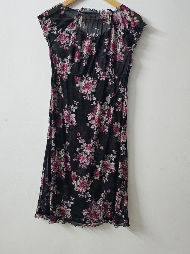 Women's  Floral Netted Black Dress - M Size