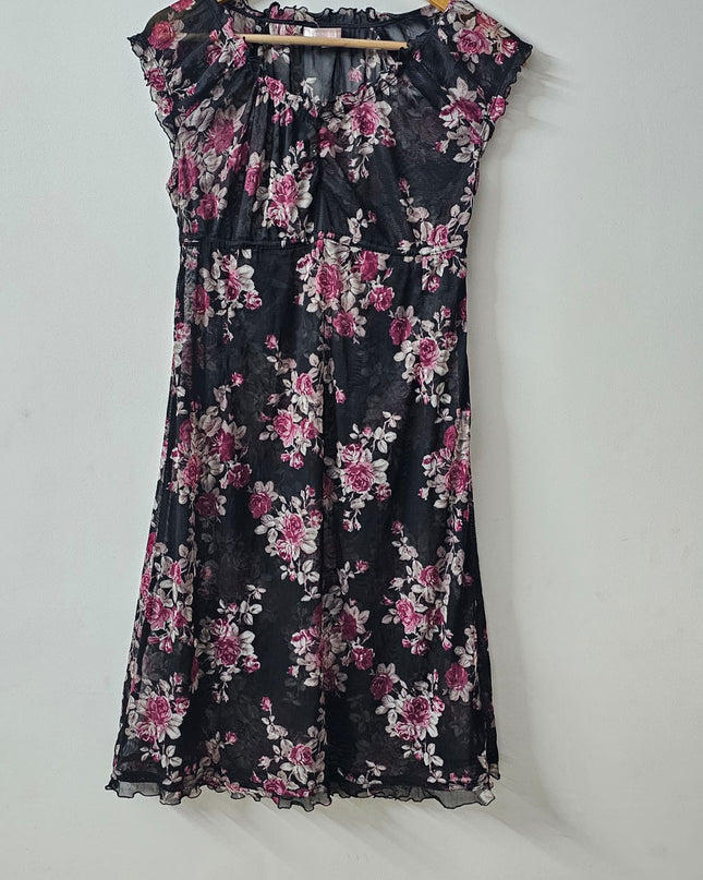 Women's  Floral Netted Black Dress - M Size