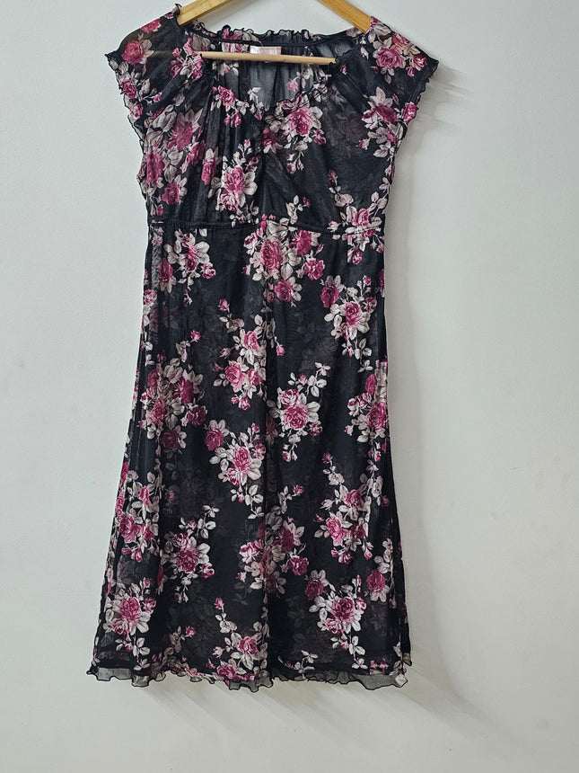 Women's  Floral Netted Black Dress - M Size
