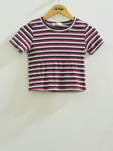 QIHOU Women's Striped Crop White Top - S Size