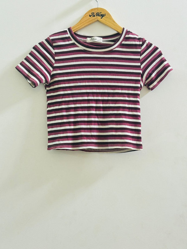 QIHOU Women's Striped Crop White Top - S Size
