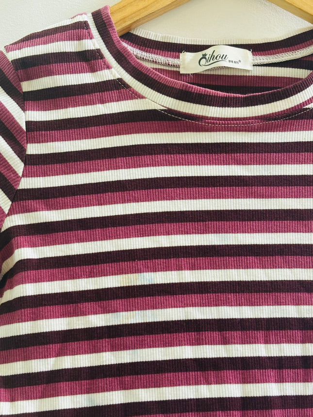 QIHOU Women's Striped Crop White Top - S Size