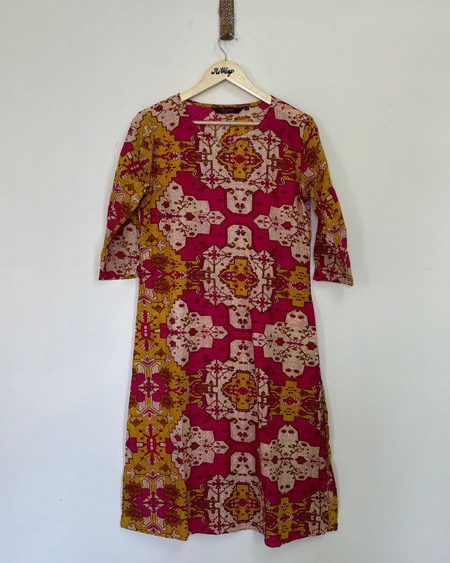 SANGNIAS Women's Half Sleeve Magenta & Yellow Mix Kurti - M Size