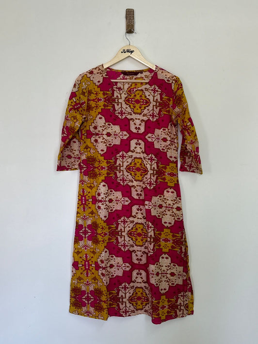 SANGNIAS Women's Half Sleeve Magenta & Yellow Mix Kurti - M Size