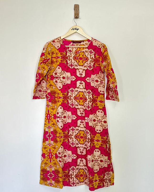 SANGNIAS Women's Half Sleeve Magenta & Yellow Mix Kurti - M Size