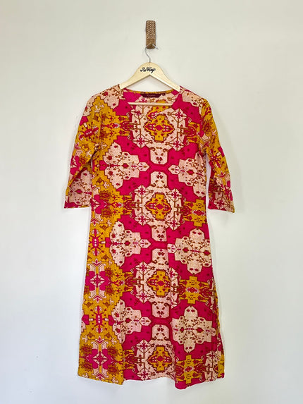 SANGNIAS Women's Half Sleeve Magenta & Yellow Mix Kurti - M Size