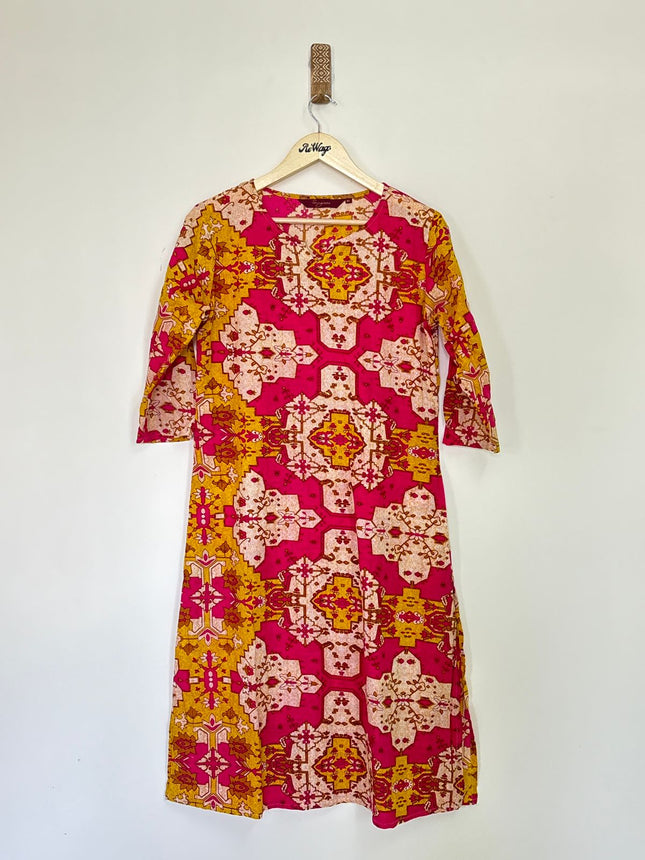 SANGNIAS Women's Half Sleeve Magenta & Yellow Mix Kurti - M Size