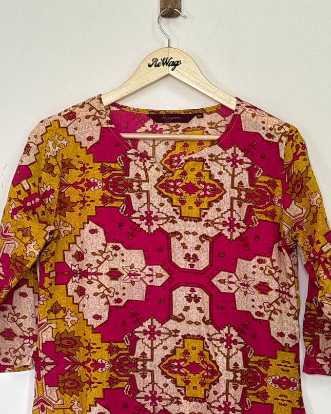 SANGNIAS Women's Half Sleeve Magenta & Yellow Mix Kurti - M Size