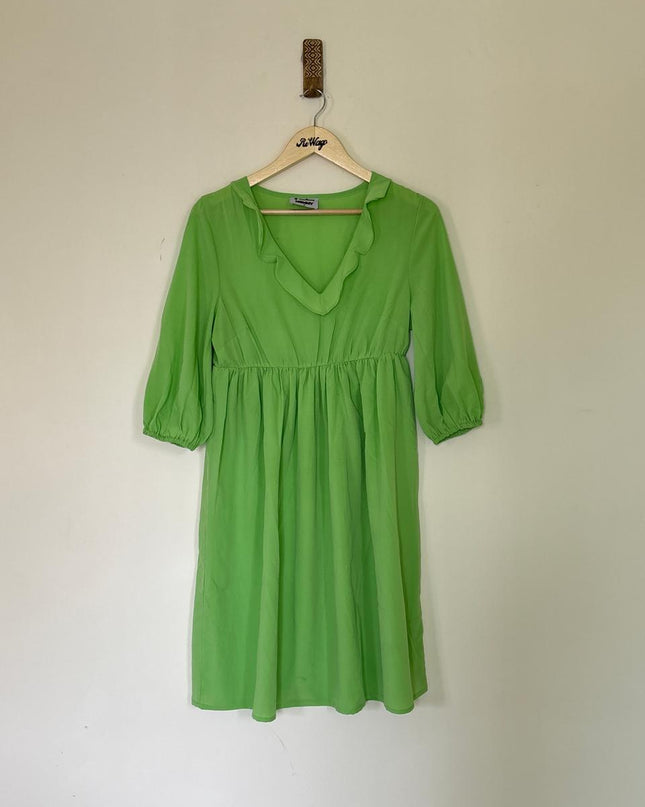 Women's V neck and 3/4 Sleeve Green Dress - S Size