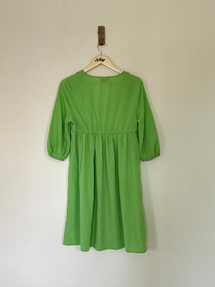 Women's V neck and 3/4 Sleeve Green Dress - S Size