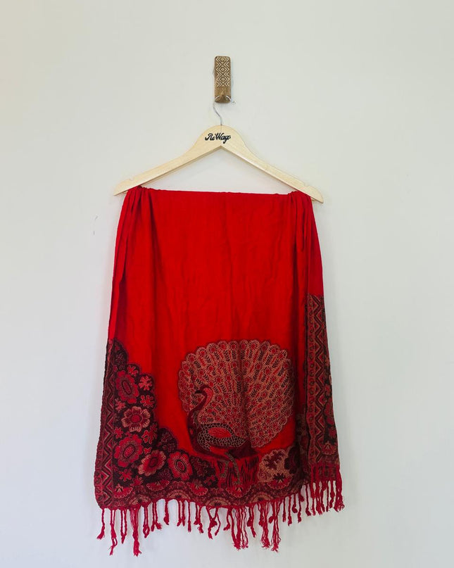 Women’s Red Shawl with Prints and Tussels