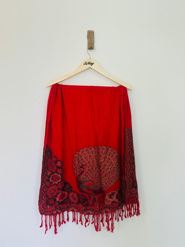Women’s Red Shawl with Prints and Tussels