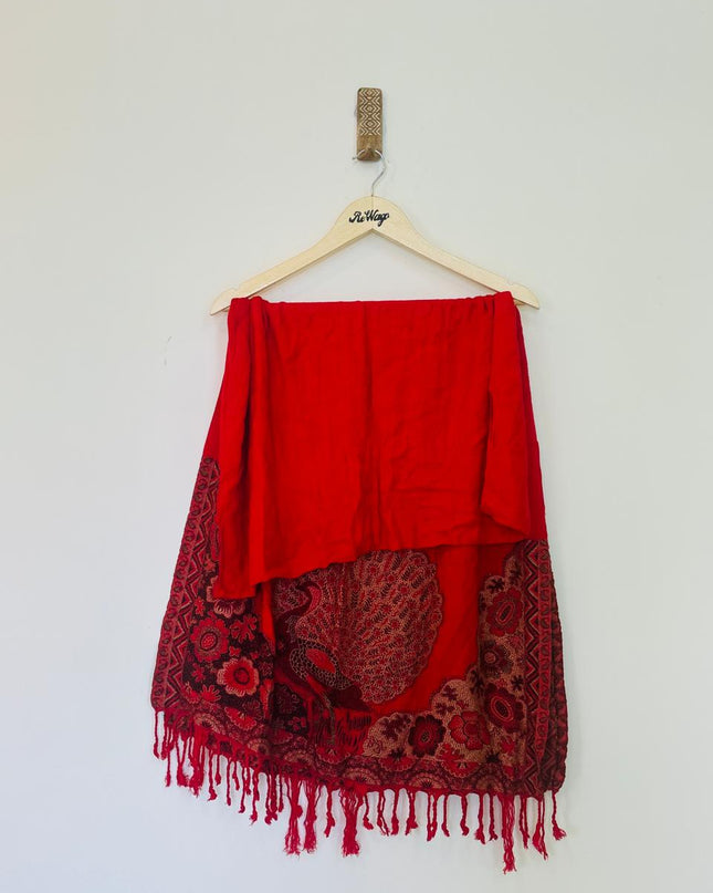 Women’s Red Shawl with Prints and Tussels