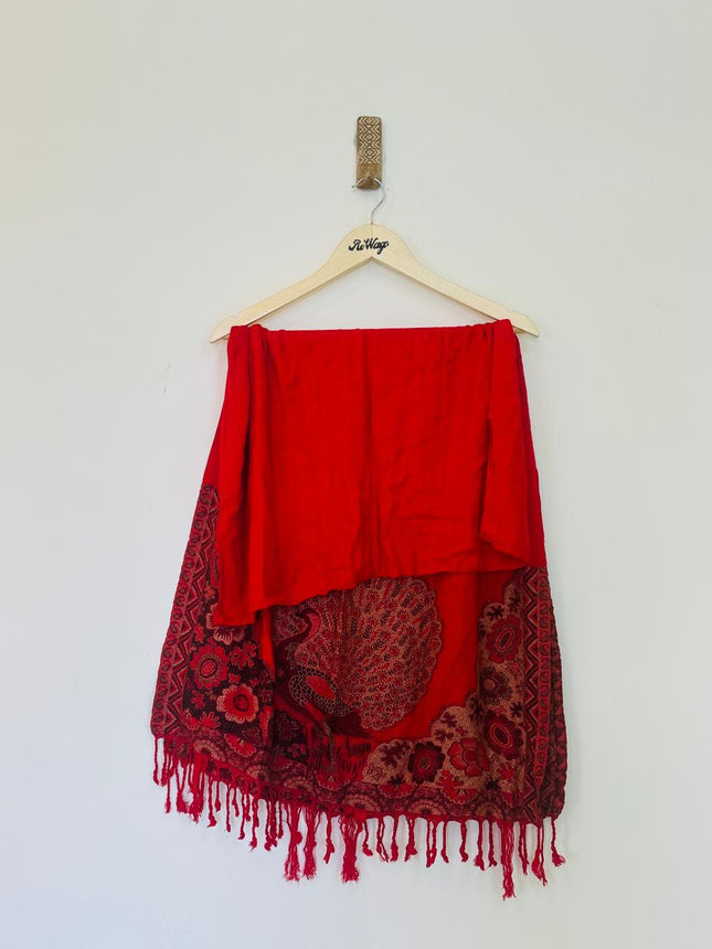 Women’s Red Shawl with Prints and Tussels