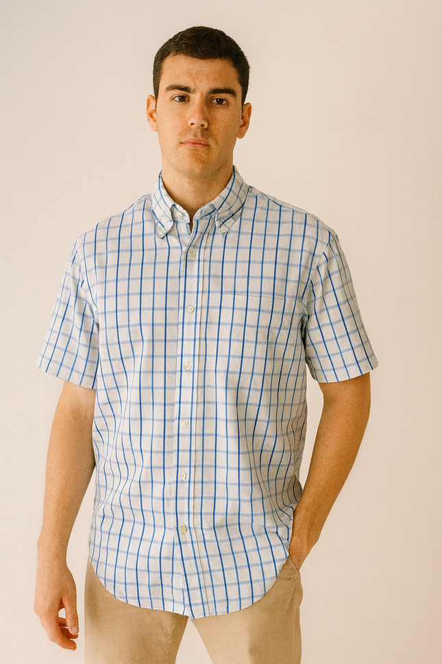 Men's Casual Sky Blue Checkered Shirt – 5XL Size