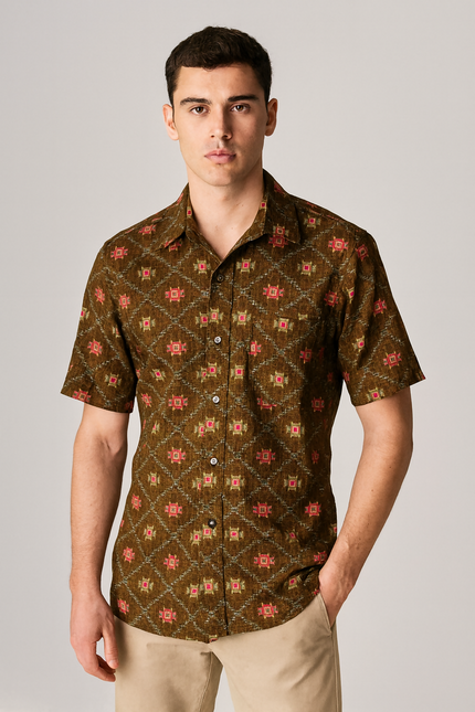 Men's Casual Olive Green With Red and Beige Motifs Shirt - S size