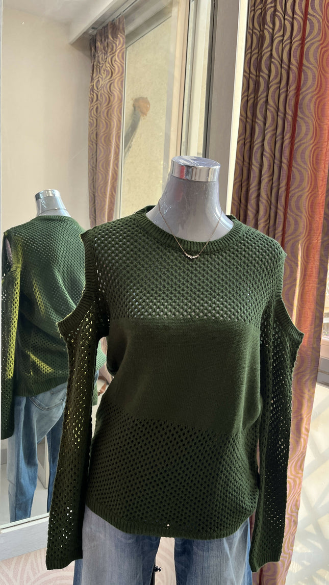 DRESSBERRY Green Knit Sweater with Mesh Detail
