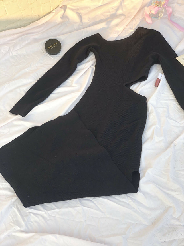 Black ribbed waist cutout bodycon dress