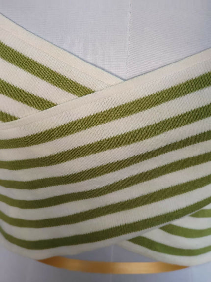 Women's white and olive green striped wrap-front crop top - M Size