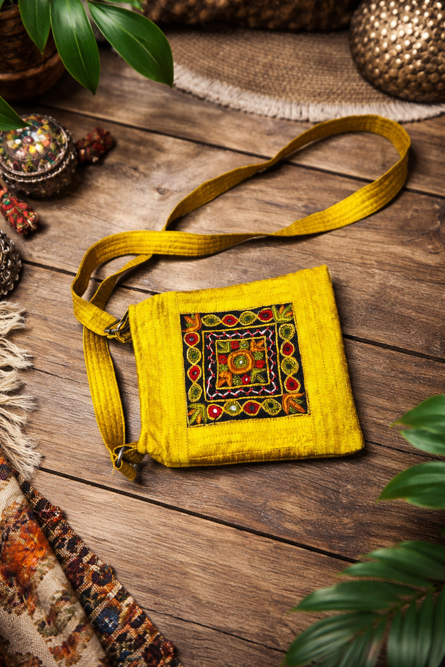 Women's  Yellow Handcrafted Textile Sling Bag