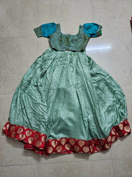 Aqua Green and Red Half Saree (Dhavani) of S size