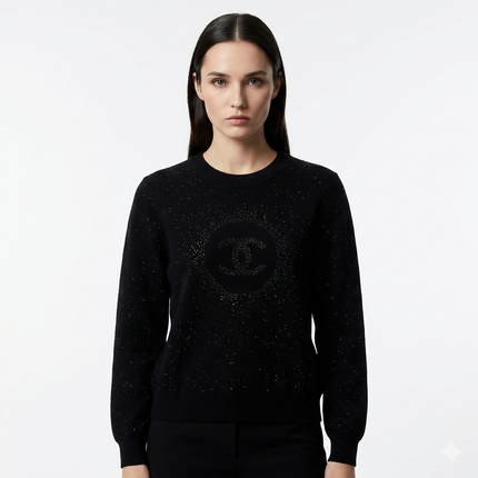 Authentic Pristine✨ CHANEL black cupro blend CC starburst logo lurex long sleeve sweater FR36!