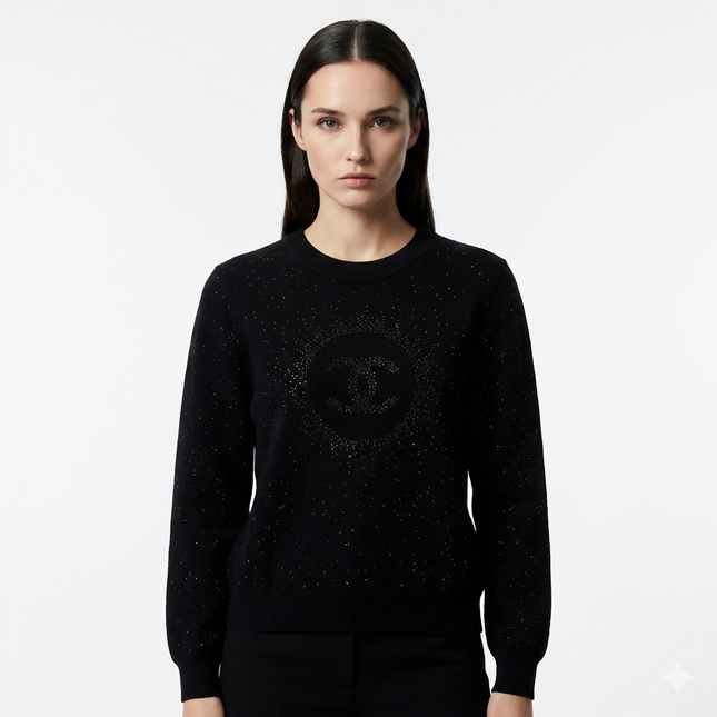 Authentic Pristine✨ CHANEL black cupro blend CC starburst logo lurex long sleeve sweater FR36!