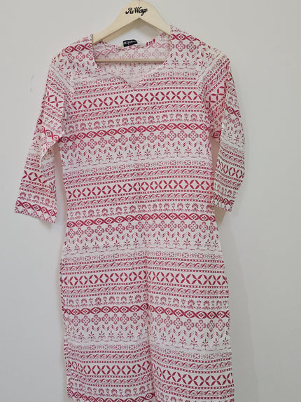 JANGRIA Women's 3/4th Sleeve Diamond Neck  White Kurti - M Size